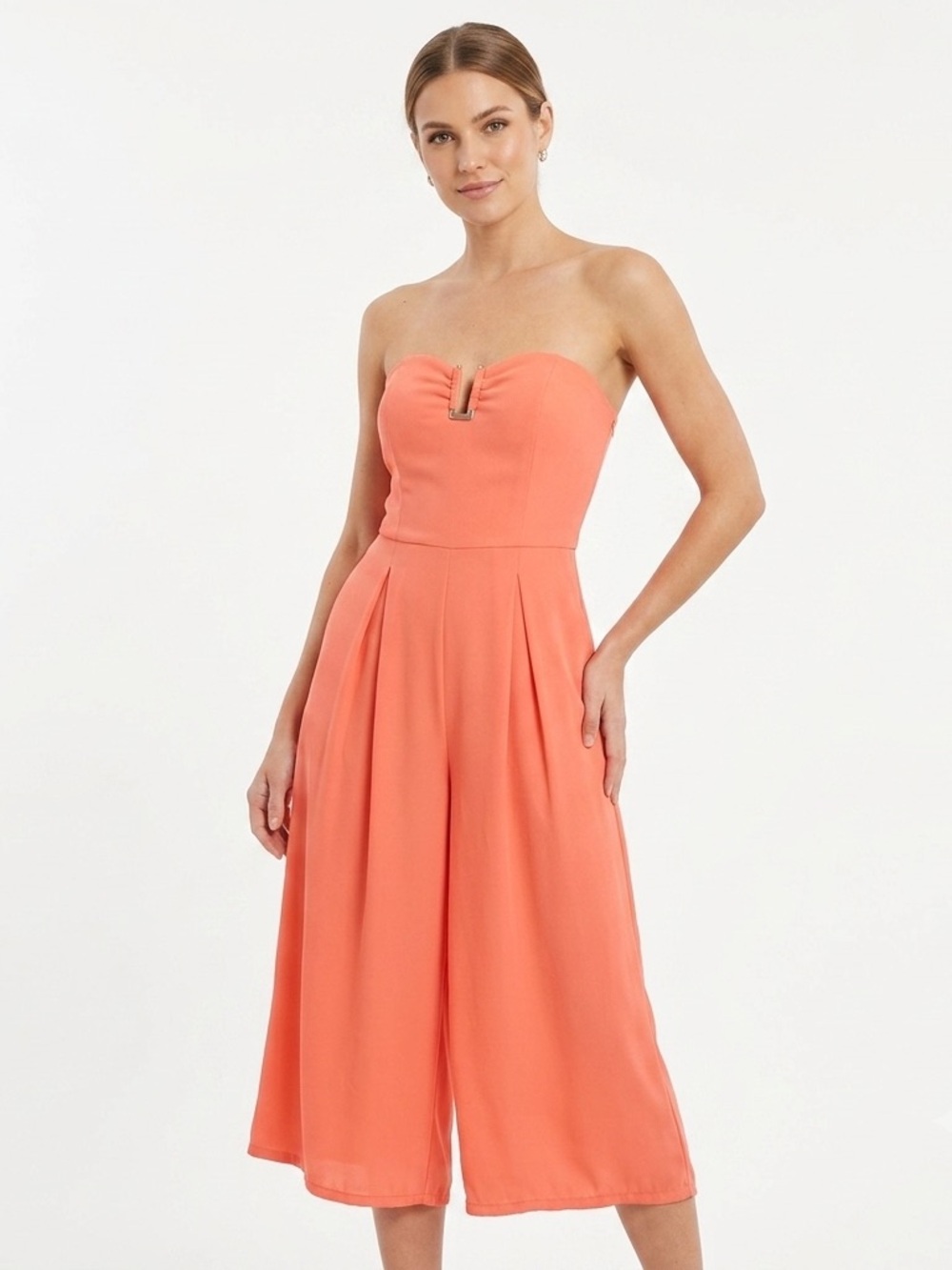 Charlotte Russe Coral Strapless Wide-Leg Culotte Jumpsuit with Pockets - Size M